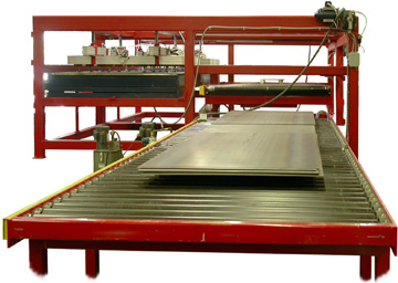 Automatic steel plate and sheet feeder and de-stacker.